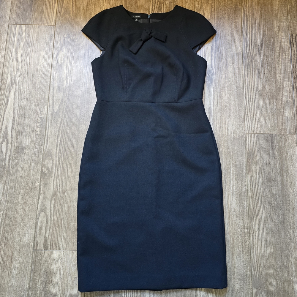 Talbots Dress Womens 6 Black Wool Blend Bow Career Preppy Academia LBD Modest